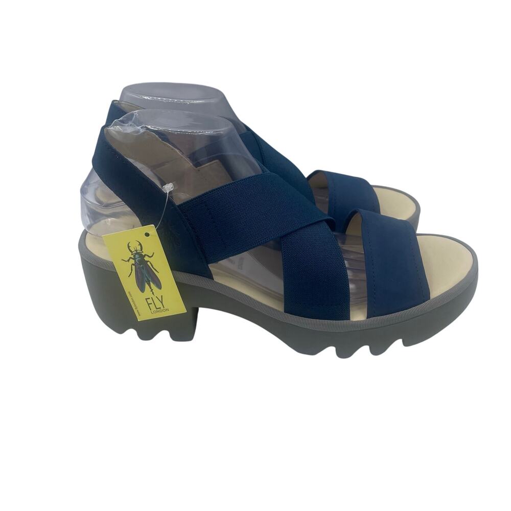 FLY London Taji502FLY Low Block Heel Crossover Sandals Leather Blue Womens 41 10